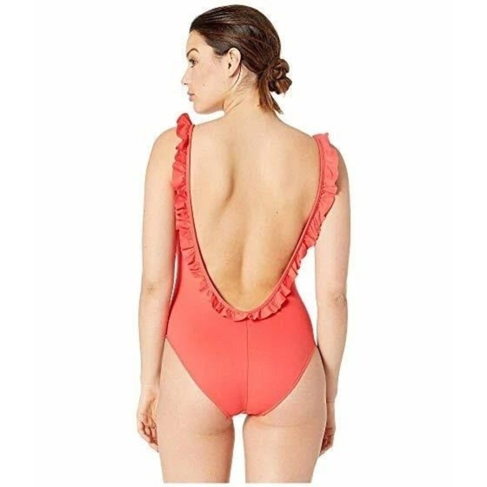 Polo Ralph Lauren Ruffle V-Neck One Piece Swimsuit Womens M Guava Pink Open Back